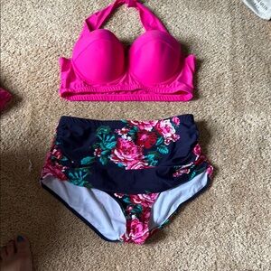 Pink Halter Bikini Top with Floral High-Waisted Bottoms